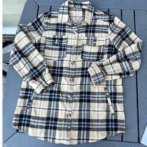 Tan with black plaid button down flannel shirt with pockets, women's M-L